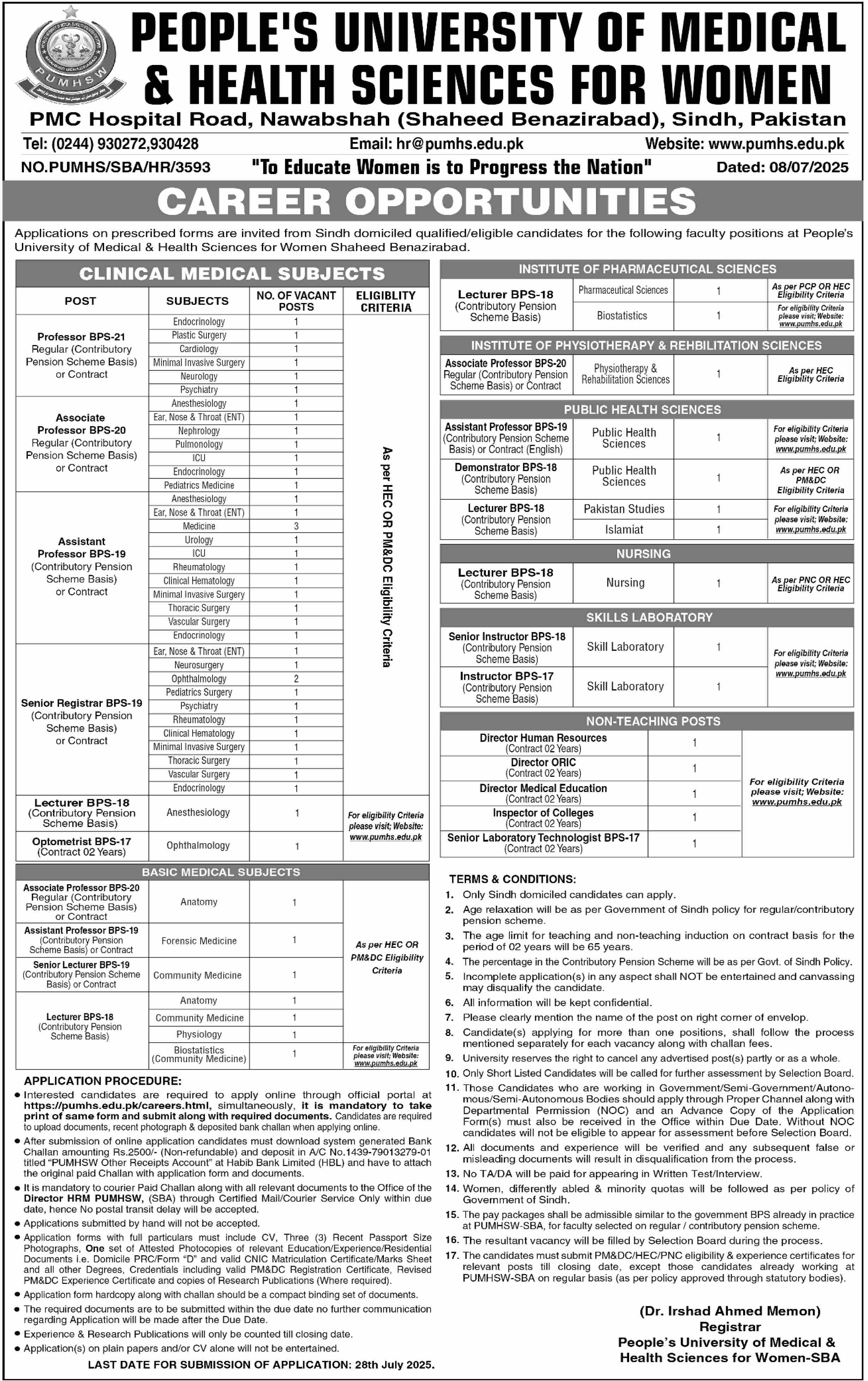 Jobs in People's University of Medical & Health Sciences for Women Nawabshah